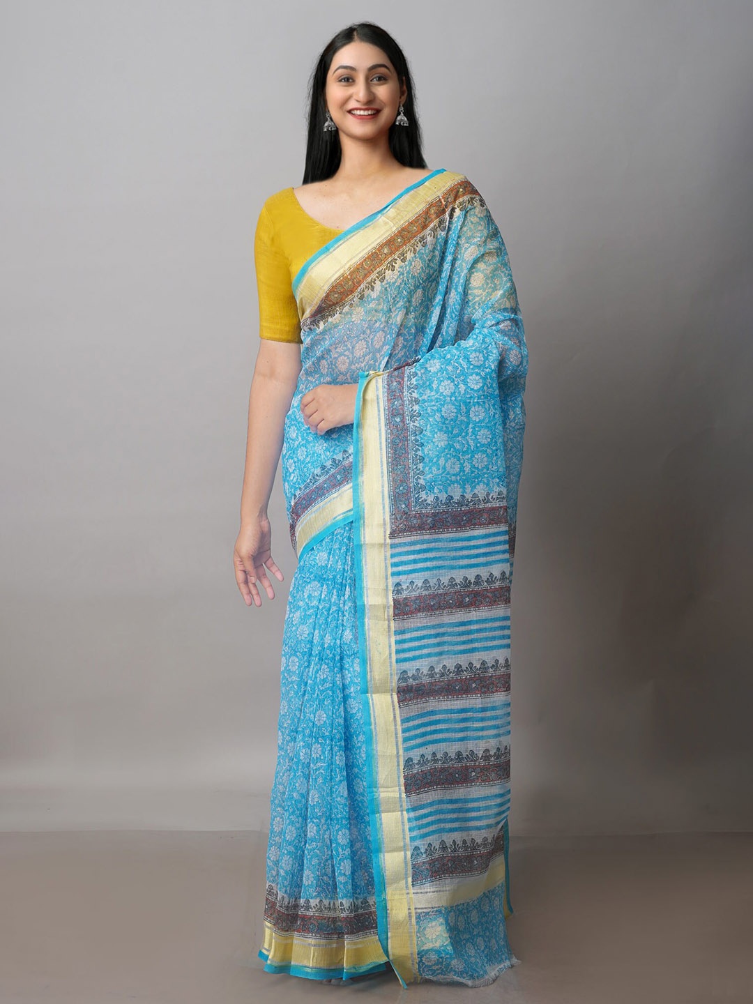 

Unnati Silks Ethnic Motifs Block Printed Zari Silk Cotton Kota Saree, Blue