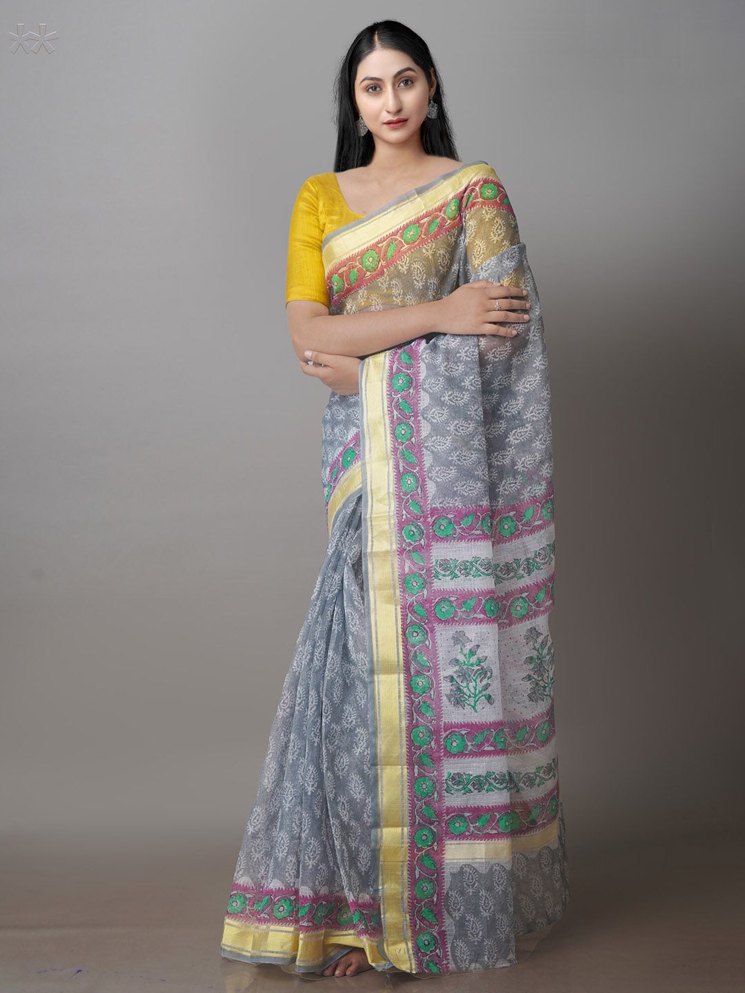 

Unnati Silks Ethnic Motifs Block Printed Zari Silk Cotton Kota Saree, Grey