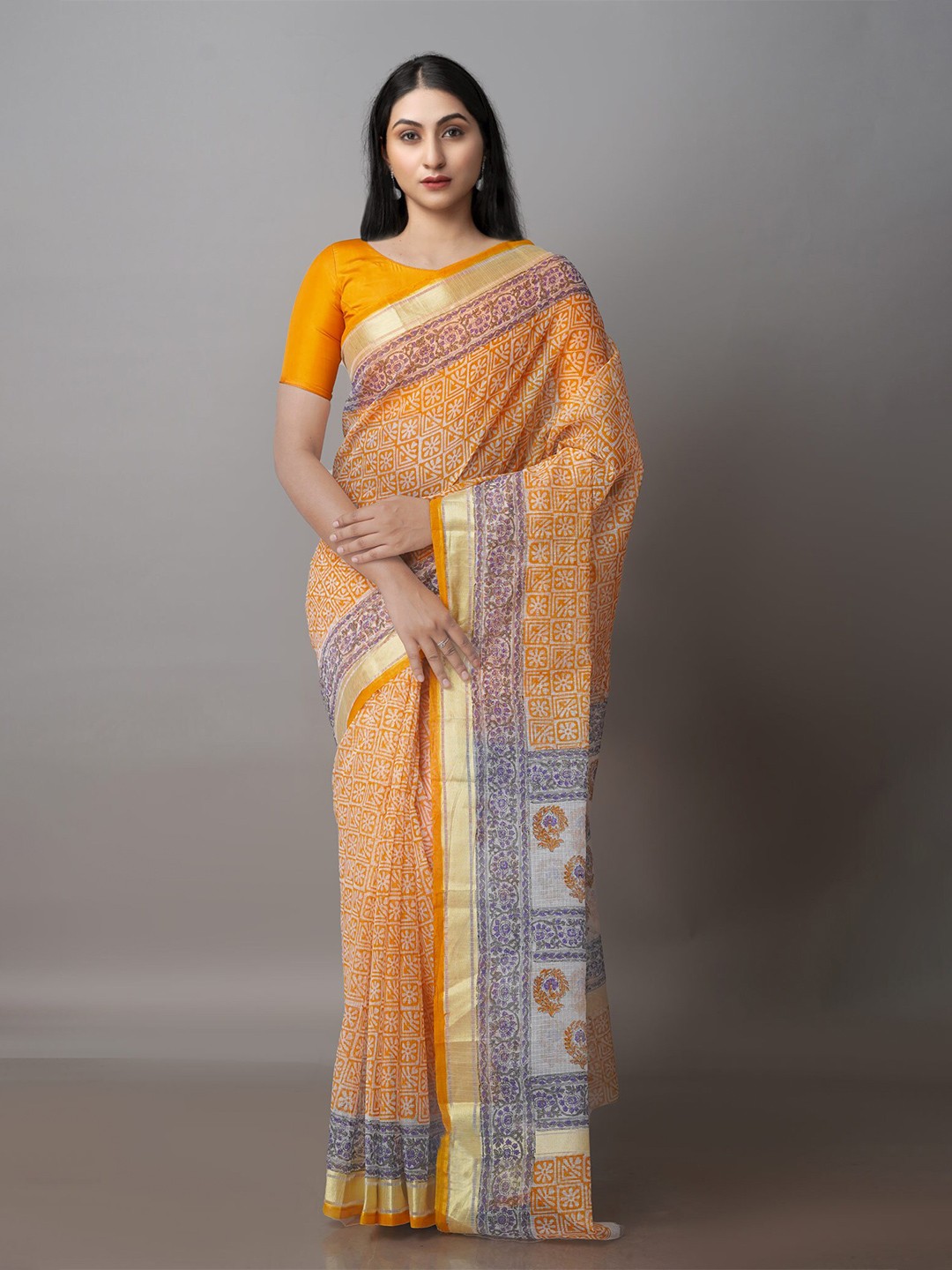 

Unnati Silks Floral Printed Zari Silk Cotton Kota Saree, Yellow