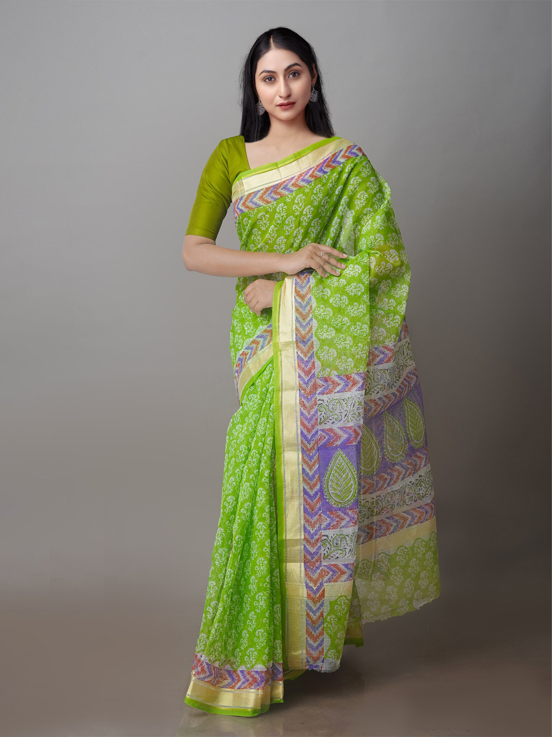 

Unnati Silks Ethnic Motifs Block Printed Zari Silk Cotton Kota Saree, Green