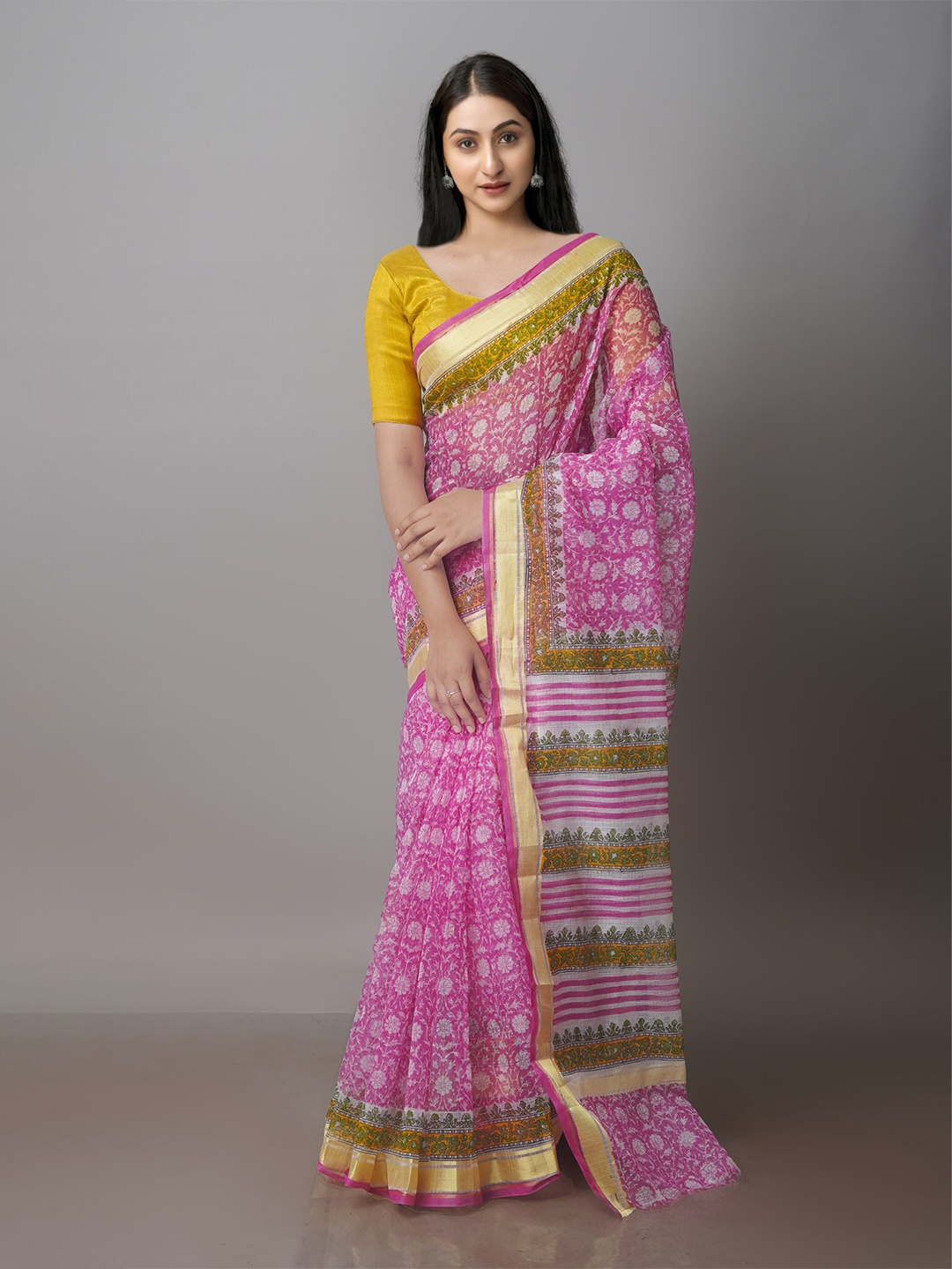 

Unnati Silks Floral Motifs Block Printed Zari Silk Cotton Kota Saree, Pink
