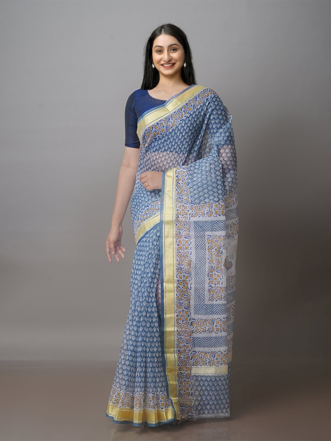 

Unnati Silks Ethnic Motifs Printed Zari Silk Cotton Kota Saree, Blue