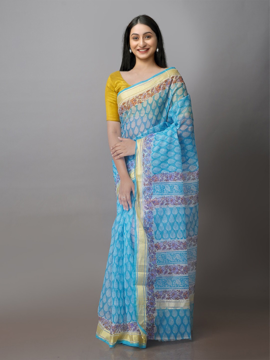 

Unnati Silks Floral Motifs Block Printed Zari Silk Cotton Kota Saree, Blue