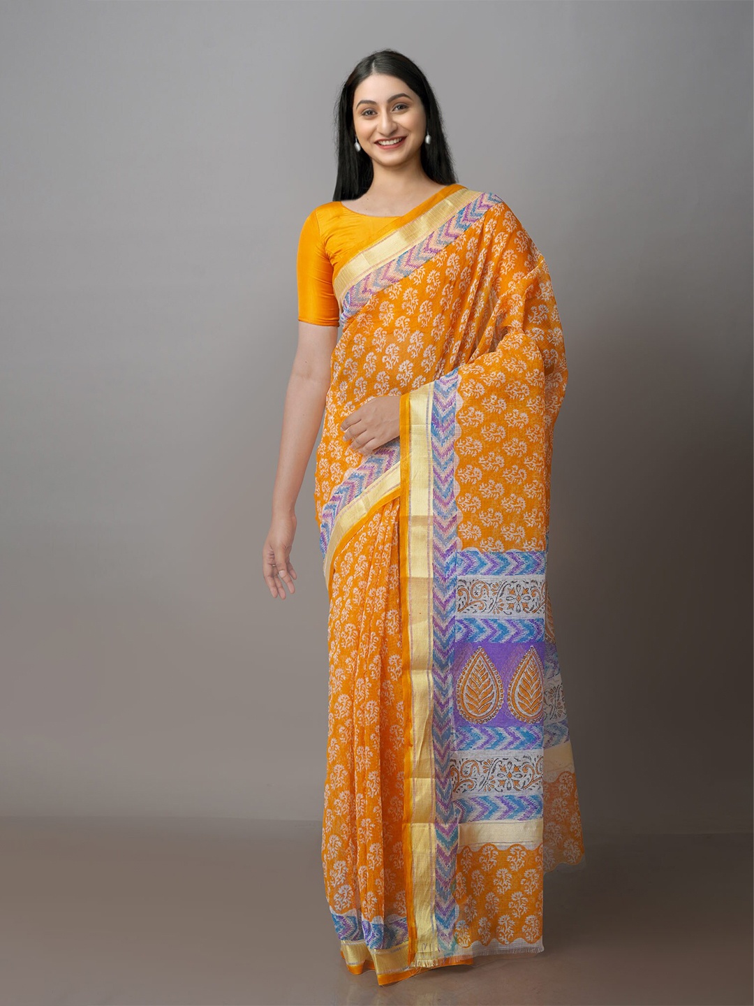 

Unnati Silks Floral Motifs Block Printed Zari Silk Cotton Kota Saree, Orange