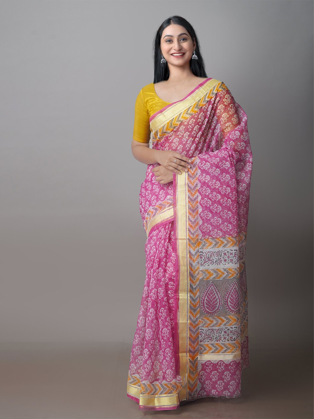 

Unnati Silks Floral Motifs Block Printed Zari Silk Cotton Kota Saree, Pink