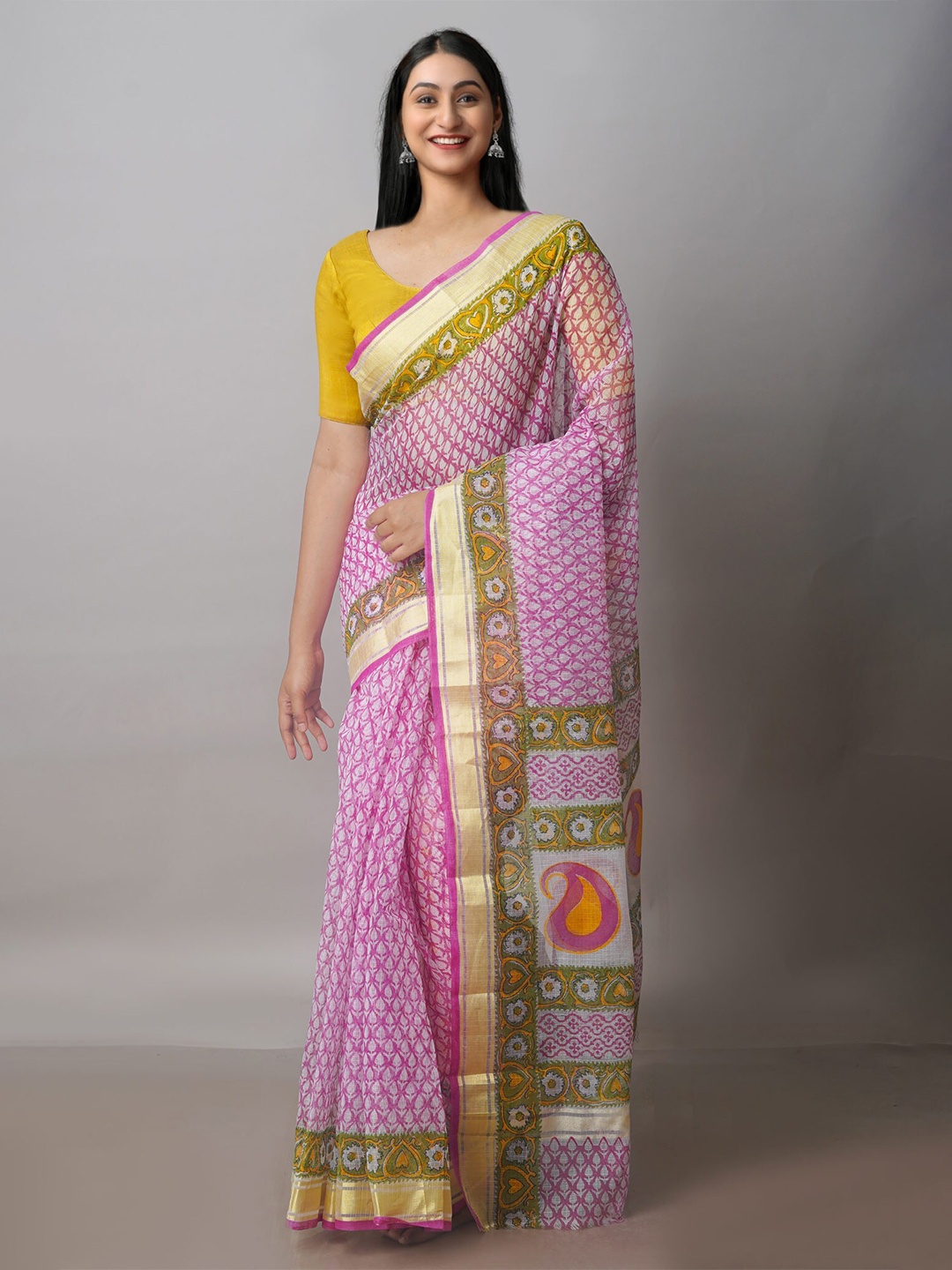 

Unnati Silks Ethnic Motifs Printed Zari Silk Cotton Kota Saree, Pink
