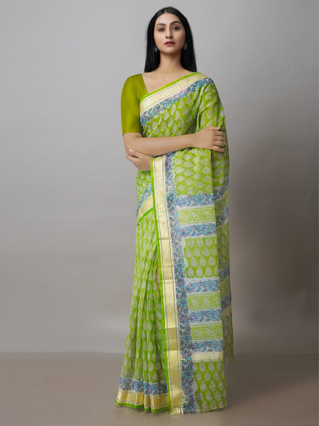 

Unnati Silks Floral Motifs Block Printed Zari Silk Cotton Kota Saree, Green