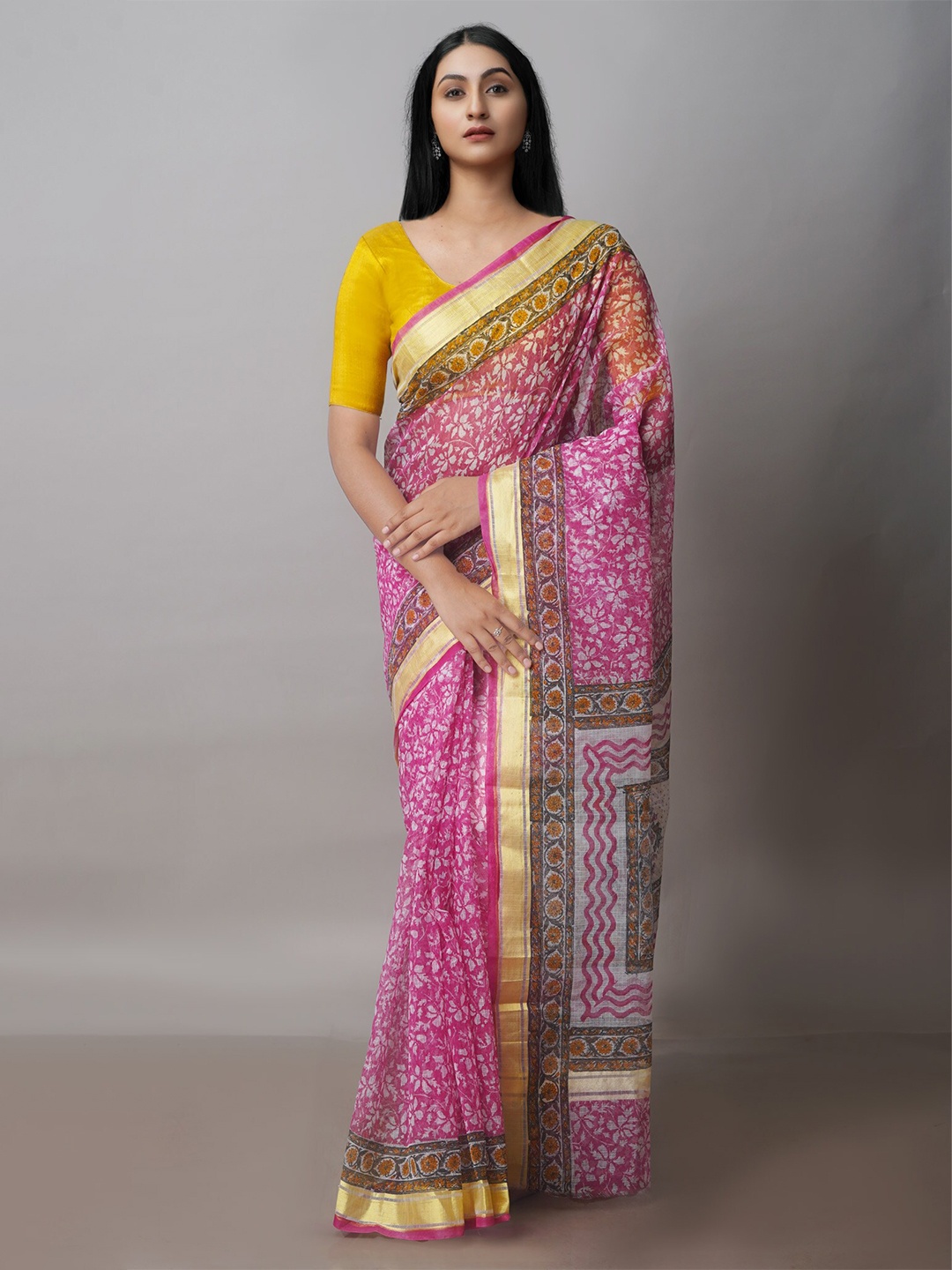 

Unnati Silks Floral Motifs Block Printed Zari Silk Cotton Kota Saree, Pink