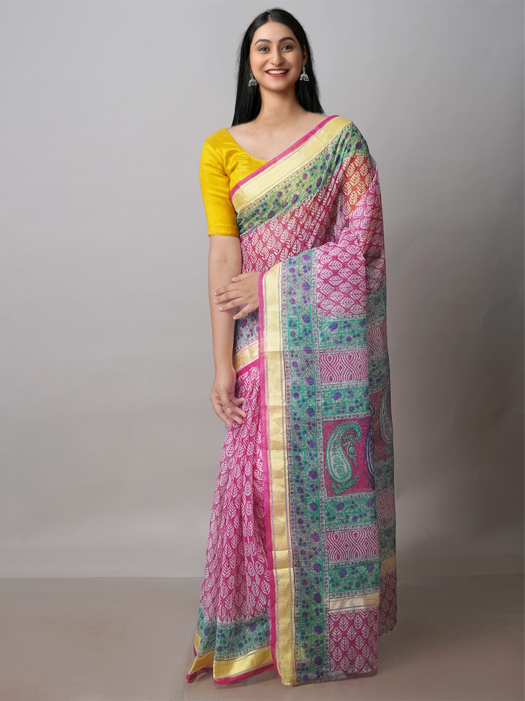 

Unnati Silks Floral Printed Zari Silk Cotton Kota Saree, Pink