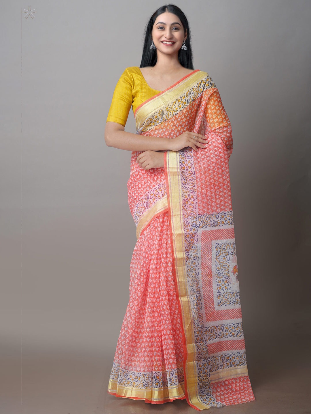 

Unnati Silks Floral Printed Zari Silk Cotton Kota Saree, Orange