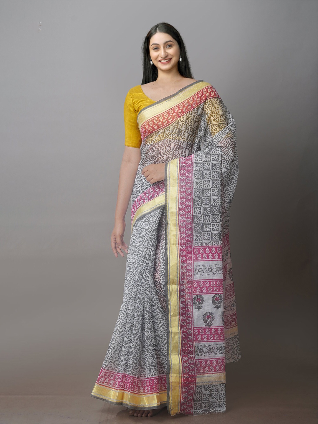 

Unnati Silks Floral Motifs Block Printed Zari Silk Cotton Kota Saree, Grey