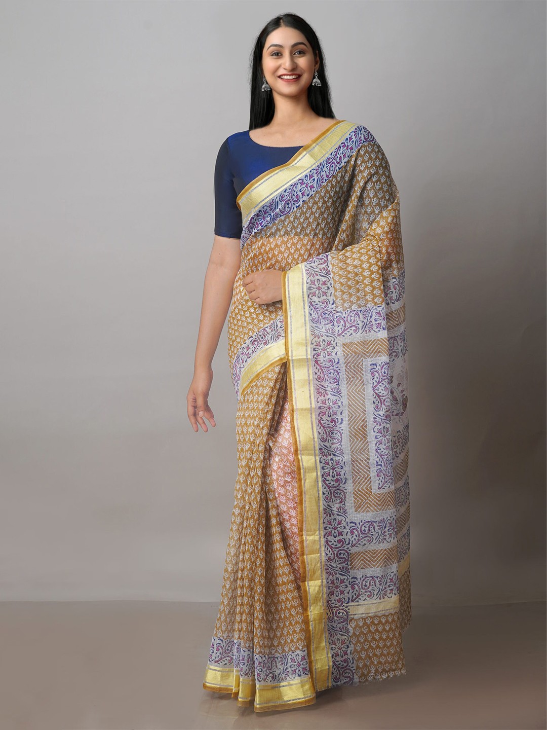 

Unnati Silks Floral Motifs Block Printed Zari Silk Cotton Kota Saree, Yellow