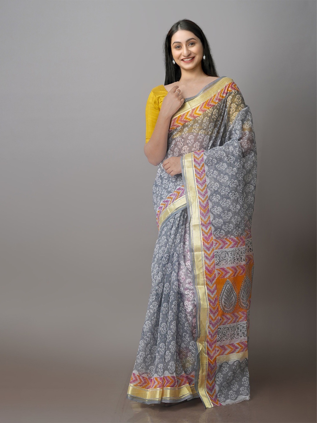 

Unnati Silks Floral Motifs Block Printed Zari Silk Cotton Kota Saree, Grey