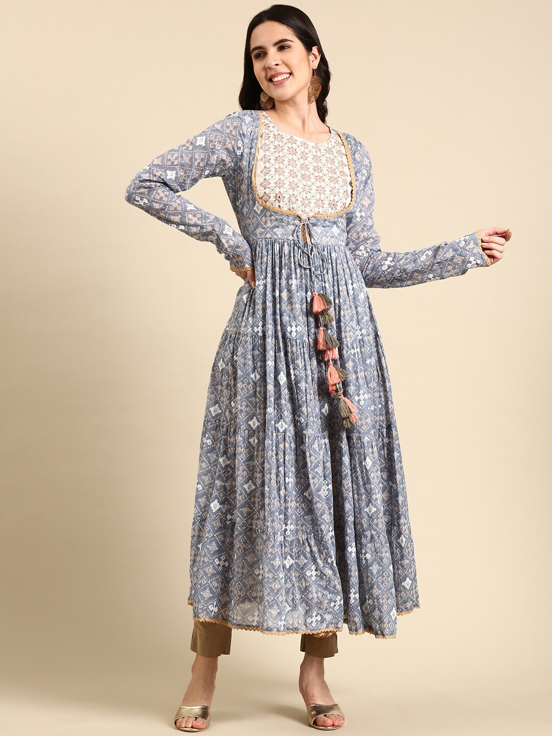 

SHOWOFF Ethnic Motif Printed Beads & Stones Work Anarkali Kurta, Blue