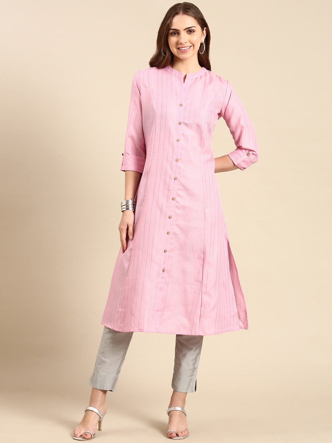 

SHOWOFF Striped Mandarin Collar Panelled A-Line Kurta, Pink