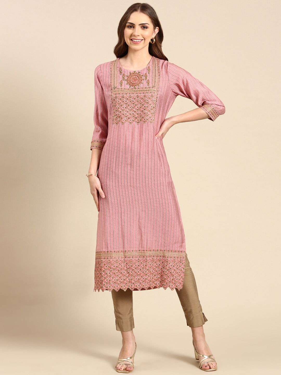

SHOWOFF Striped Thread Work Straight Kurta, Pink