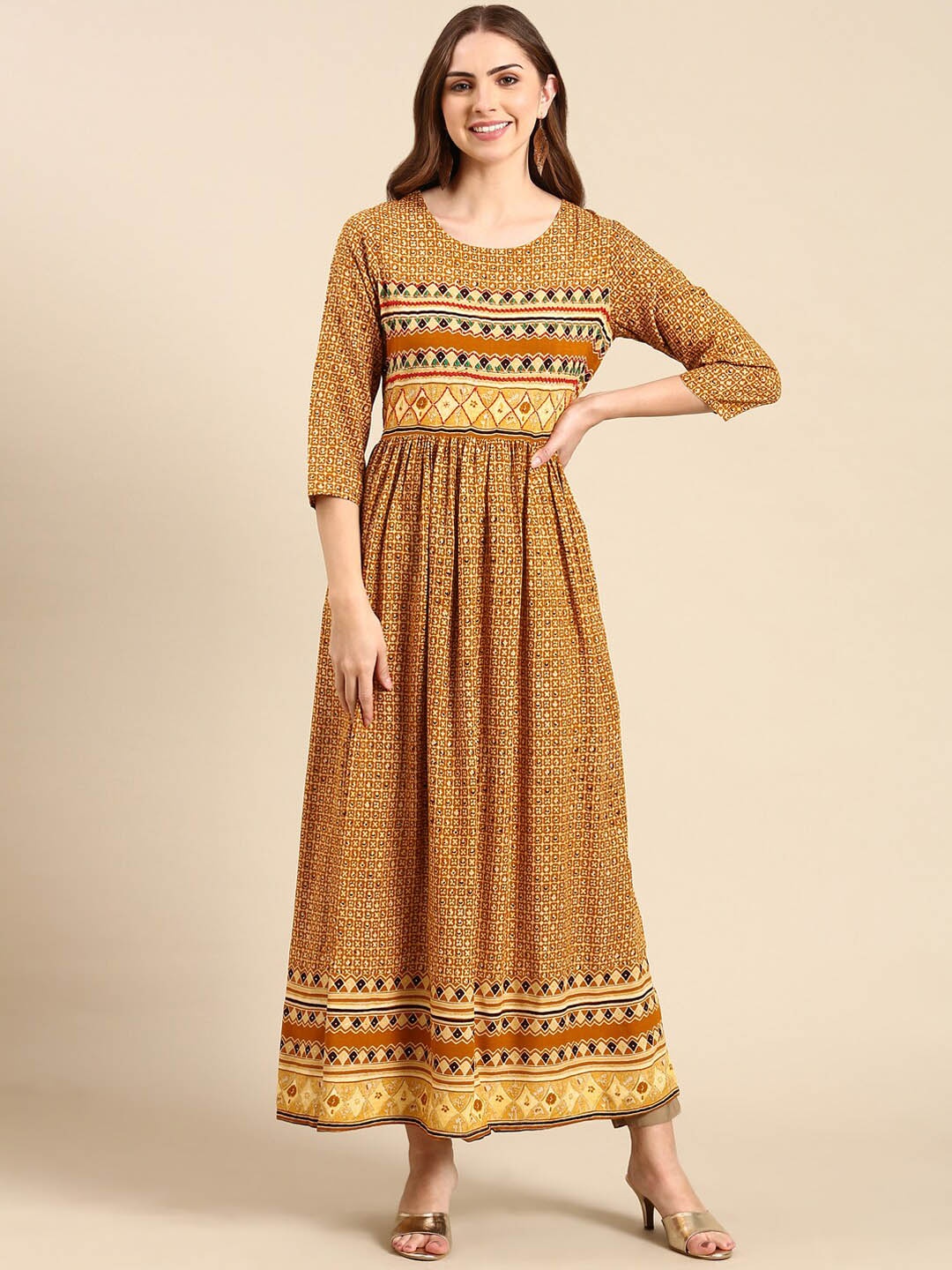 

SHOWOFF Ethnic Motifs Printed Thread Work Anarkali Kurta, Mustard