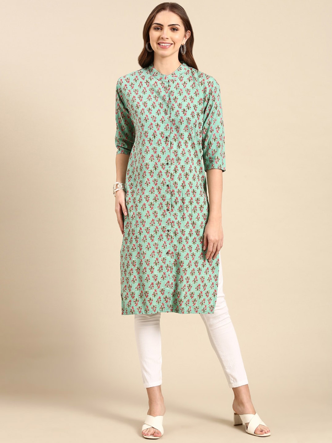

SHOWOFF Floral Printed Band Collar Straight Kurta, Sea green