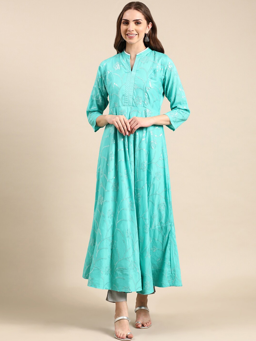 

SHOWOFF Ethnic Motifs Embroidered Sequin Work Anarkali Kurta, Turquoise blue