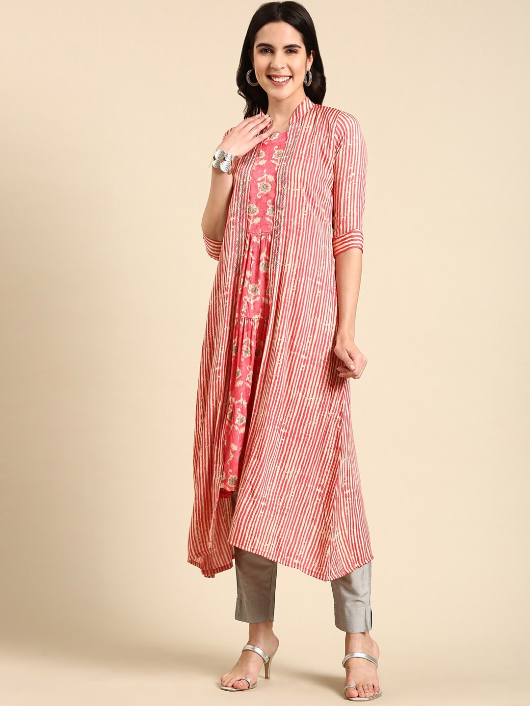 

SHOWOFF Floral Batik Printed Layered A-Line Kurta, Coral