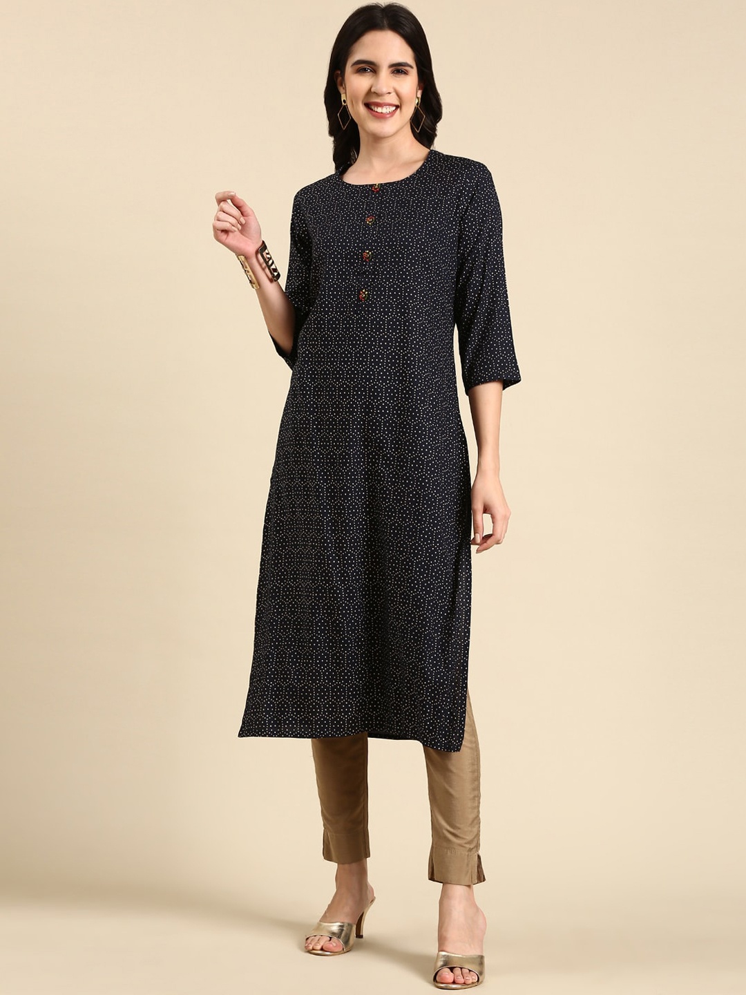 

SHOWOFF Geometric Printed Straight Kurta, Navy blue