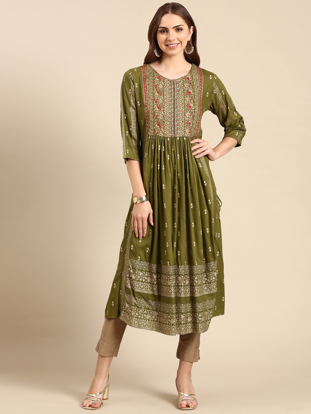 

SHOWOFF Ethnic Motifs Printed Thread Work Anarkali Kurta, Olive