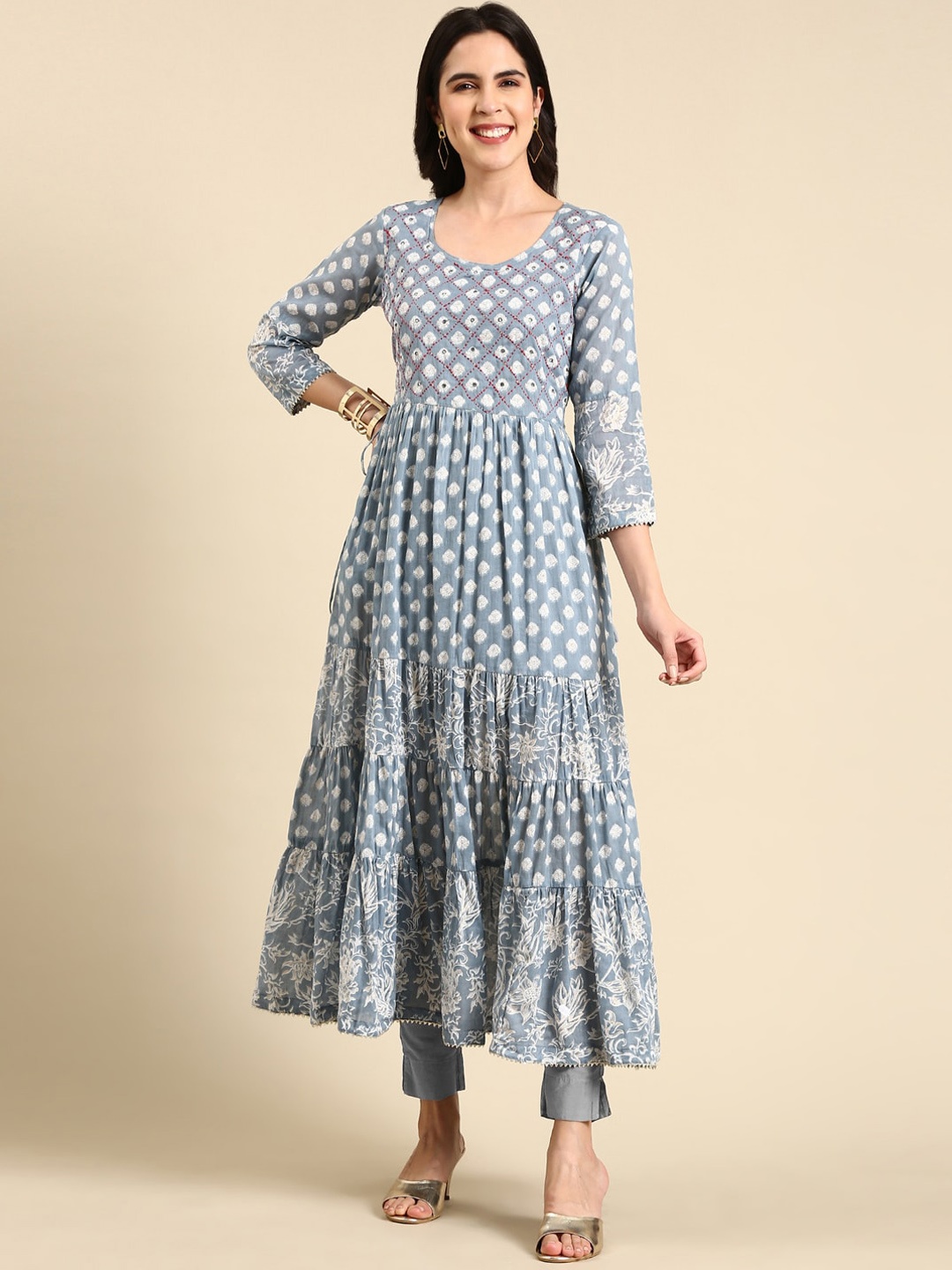 

SHOWOFF Floral Printed Mirror Work Anarkali Kurta, Blue