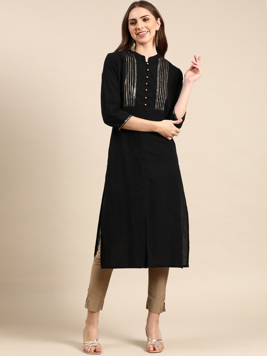 

SHOWOFF Yoke Design Sequined A-Line Kurta, Black