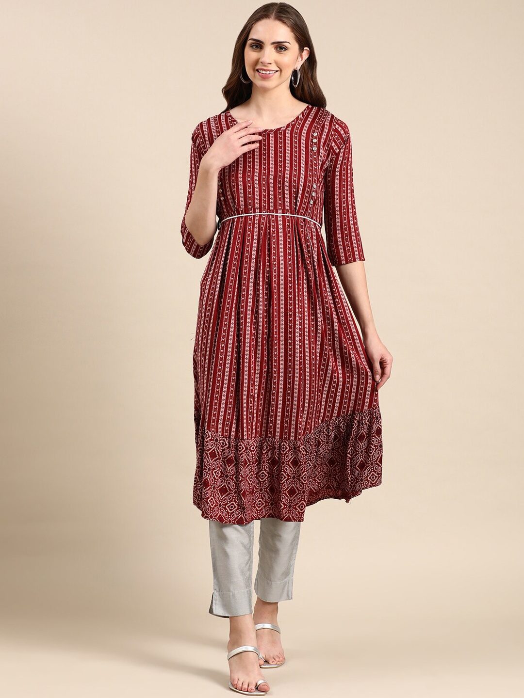 

SHOWOFF Ethnic Motifs Printed Anarkali Kurta, Maroon