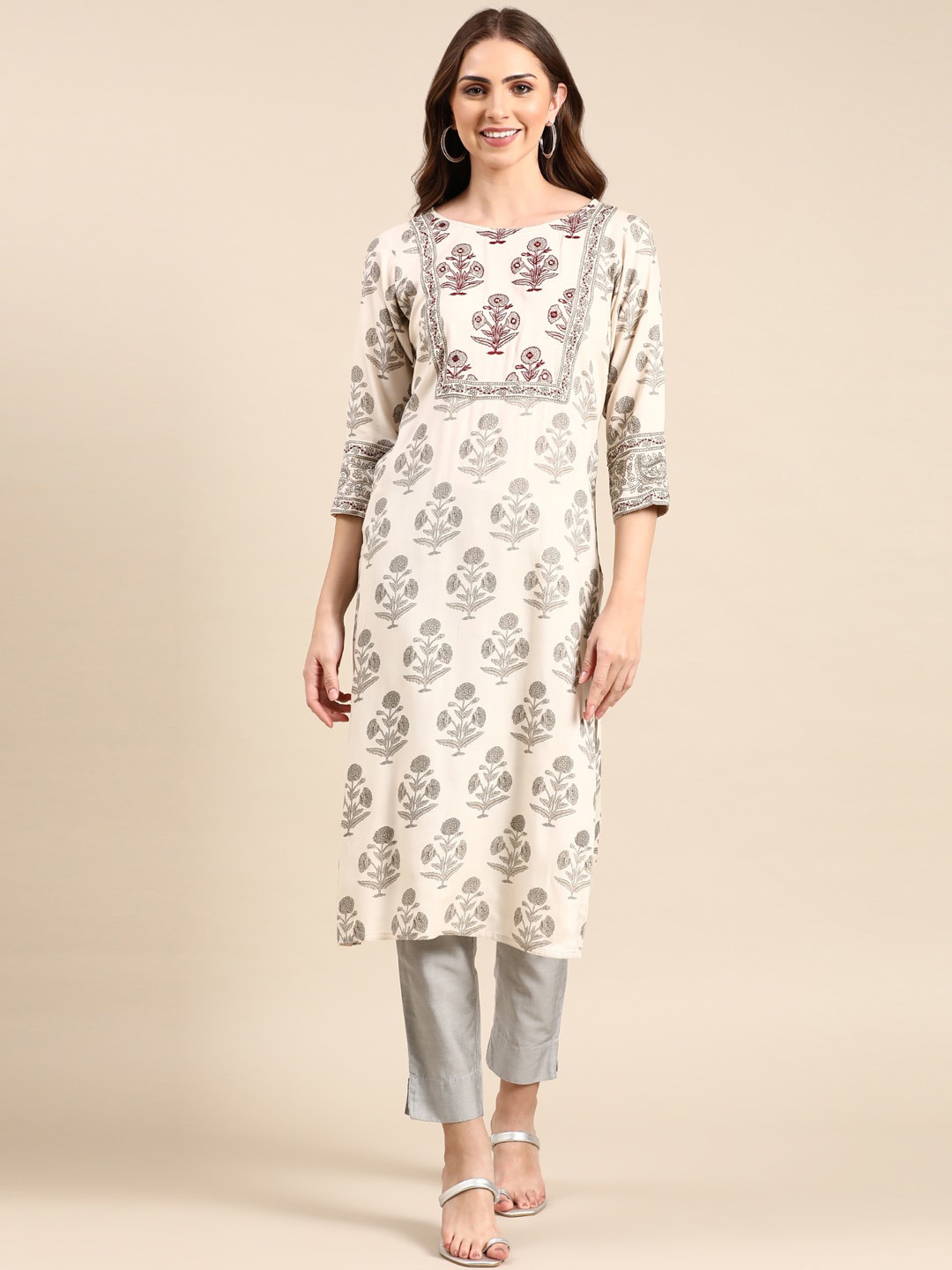 

SHOWOFF Floral Printed Boat Neck Mirror Work Kurta, Cream