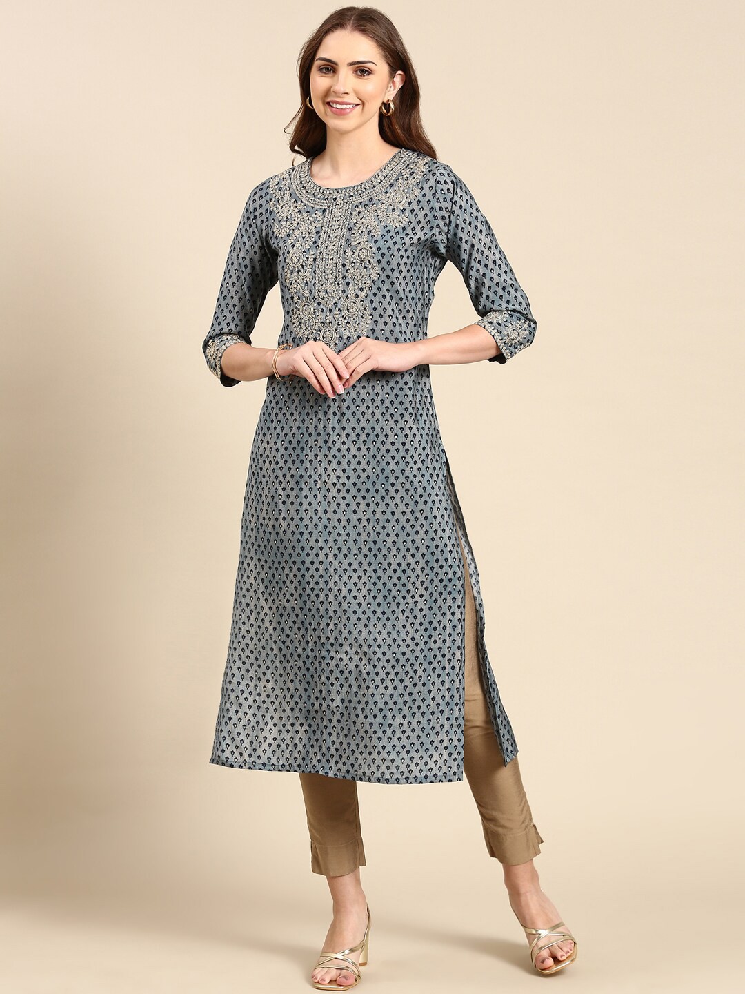 

SHOWOFF Ethnic Motifs Embroidered Zari Chanderi Cotton Straight Kurta, Blue