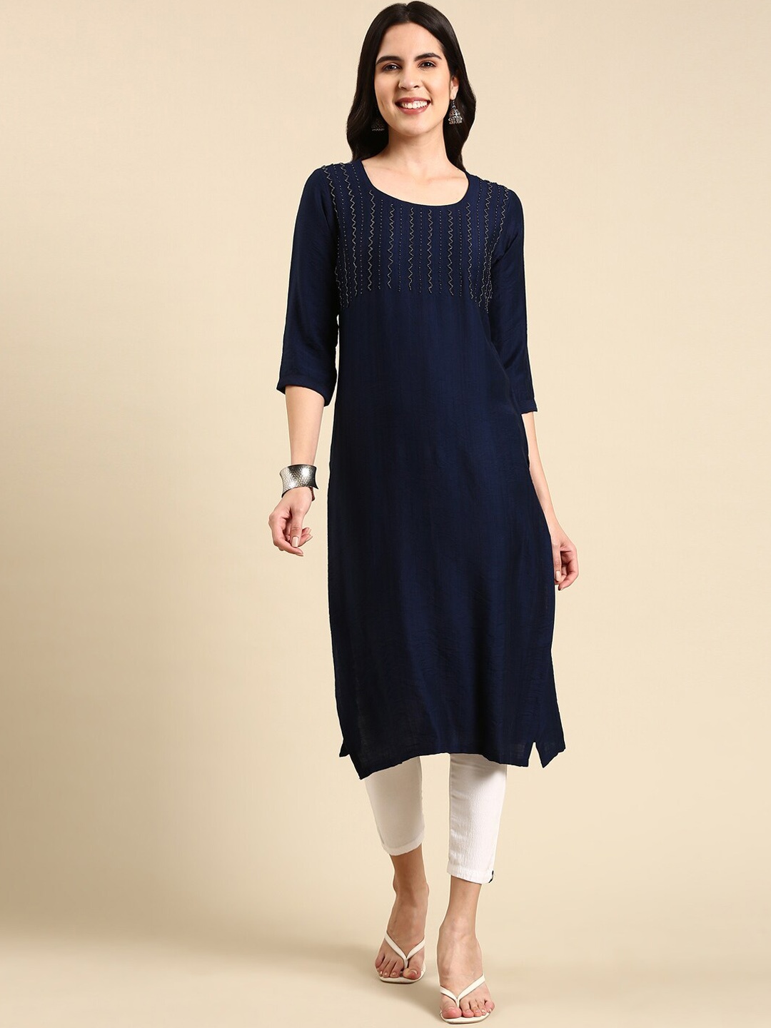 

SHOWOFF Calf Length Bead Work Straight Kurta, Navy blue