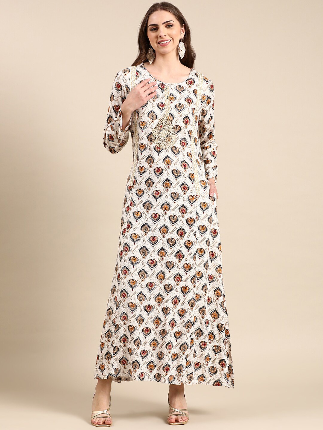 

SHOWOFF Floral Printed Thread Work Panelled Ankle Length A-Line Kurta, Off white