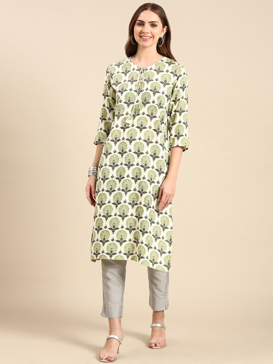 

SHOWOFF Ethnic Motifs Printed Tie-Up Neck Kurta, Cream
