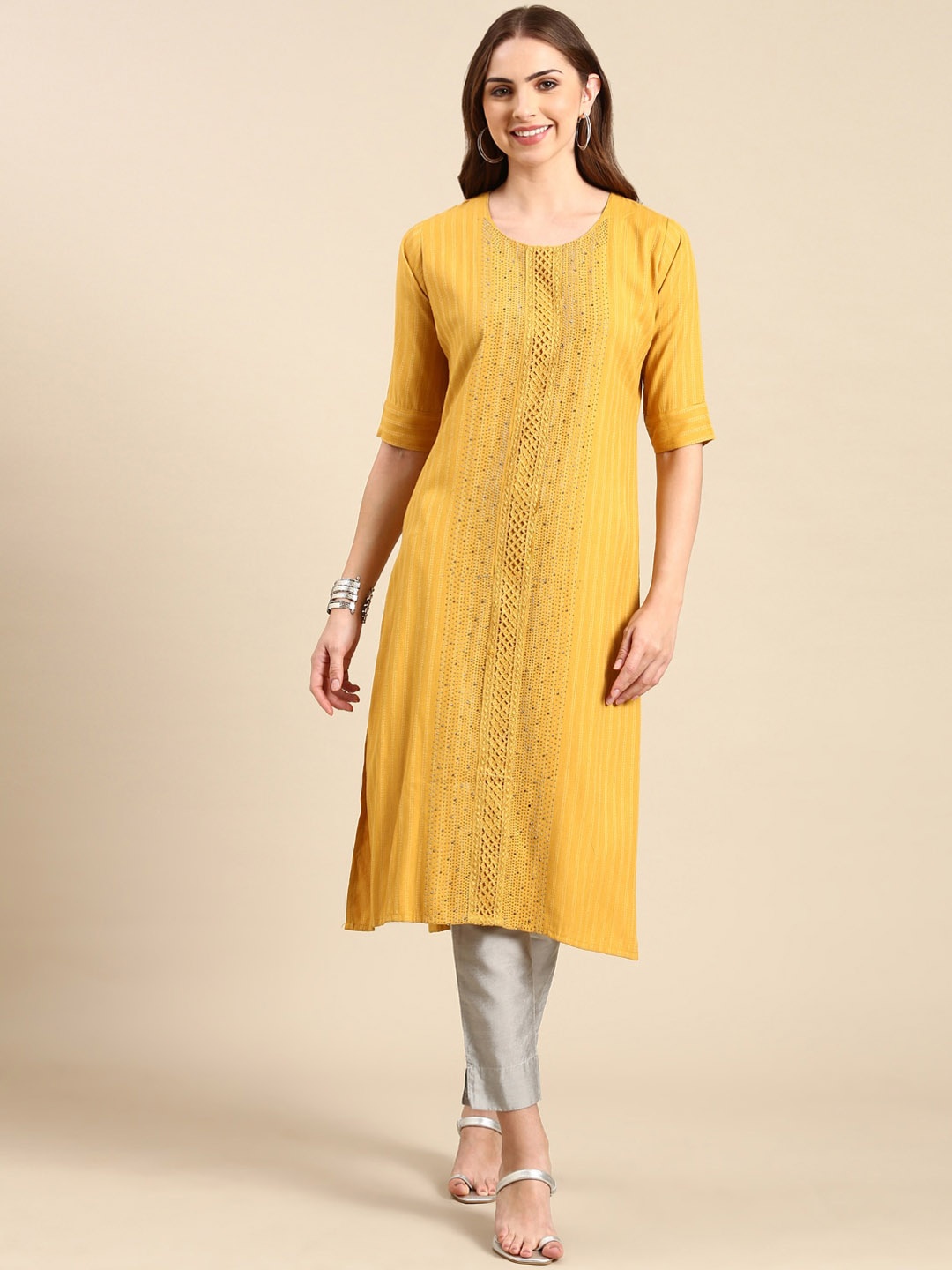 

SHOWOFF Striped Beads & Stones Panelled Kurta, Mustard