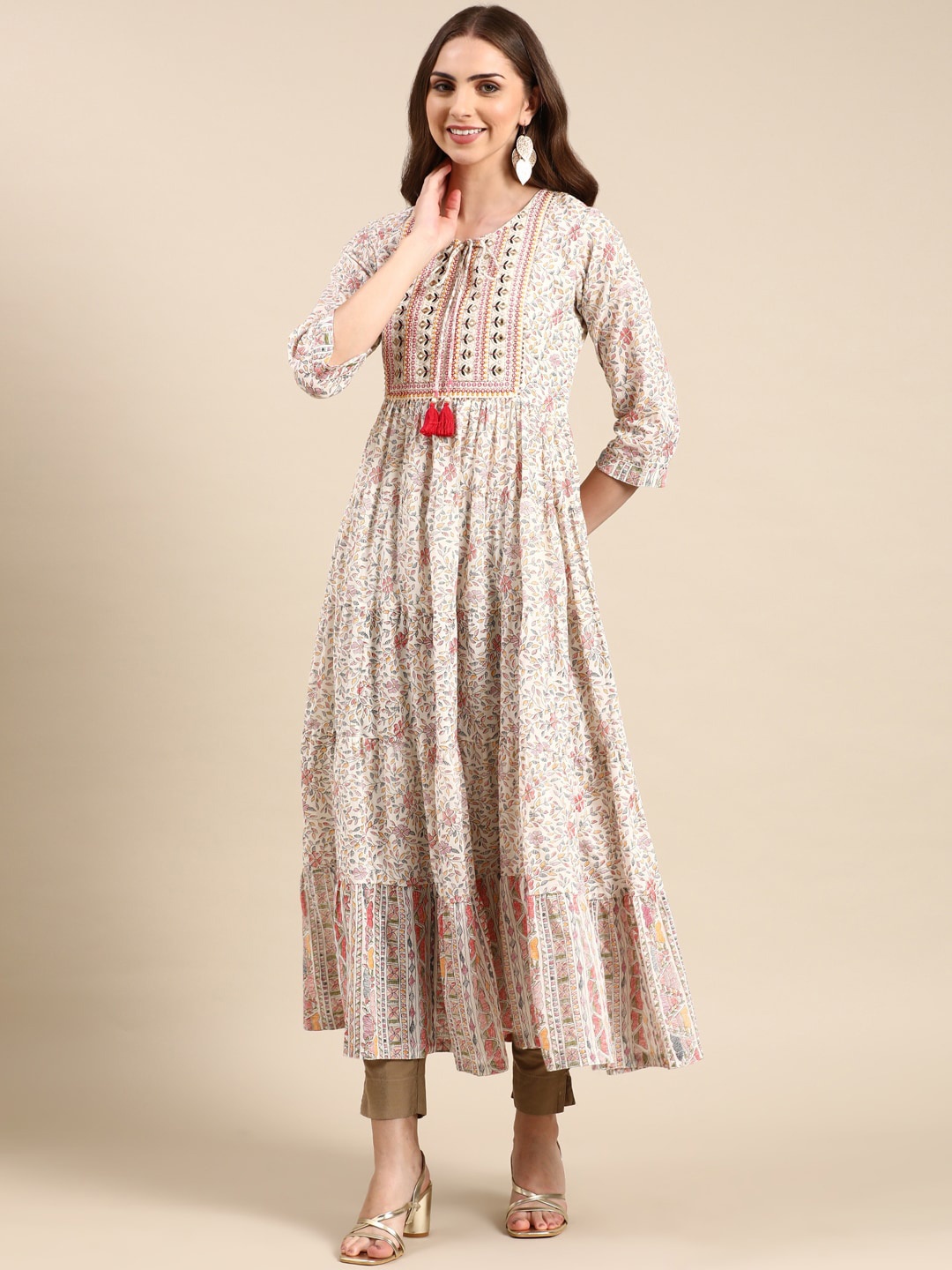 

SHOWOFF Floral Printed Tie-Up Neck Thread Work Tiering Anarkali Kurta, Off white