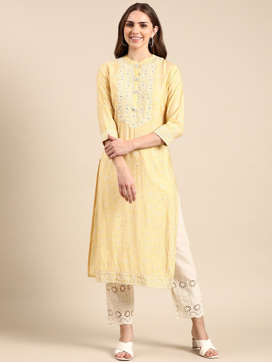 

SHOWOFF Floral Printed Thread Work Mandarin Collar Art Silk Straight Kurta, Yellow