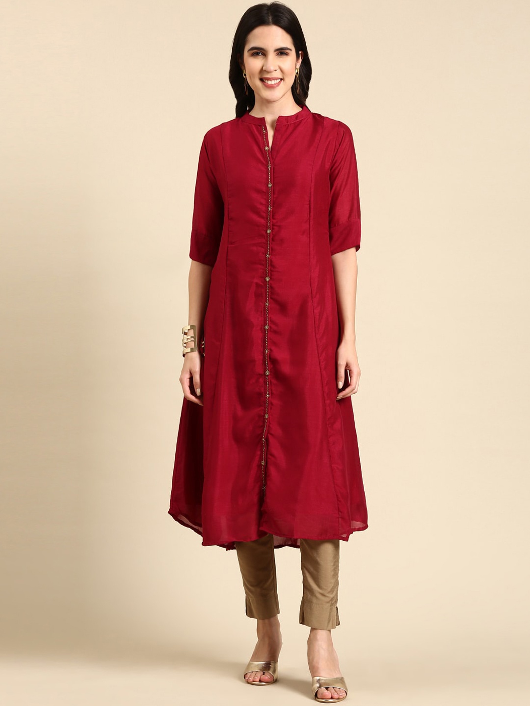 

SHOWOFF Mandarin Collar Raw Silk Anarkali Kurta, Burgundy