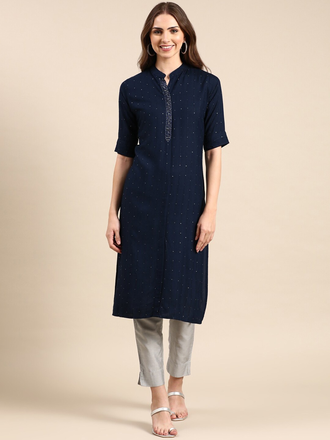 

SHOWOFF Embellished Sequins Work Indigo Straight Cotton Kurta, Navy blue