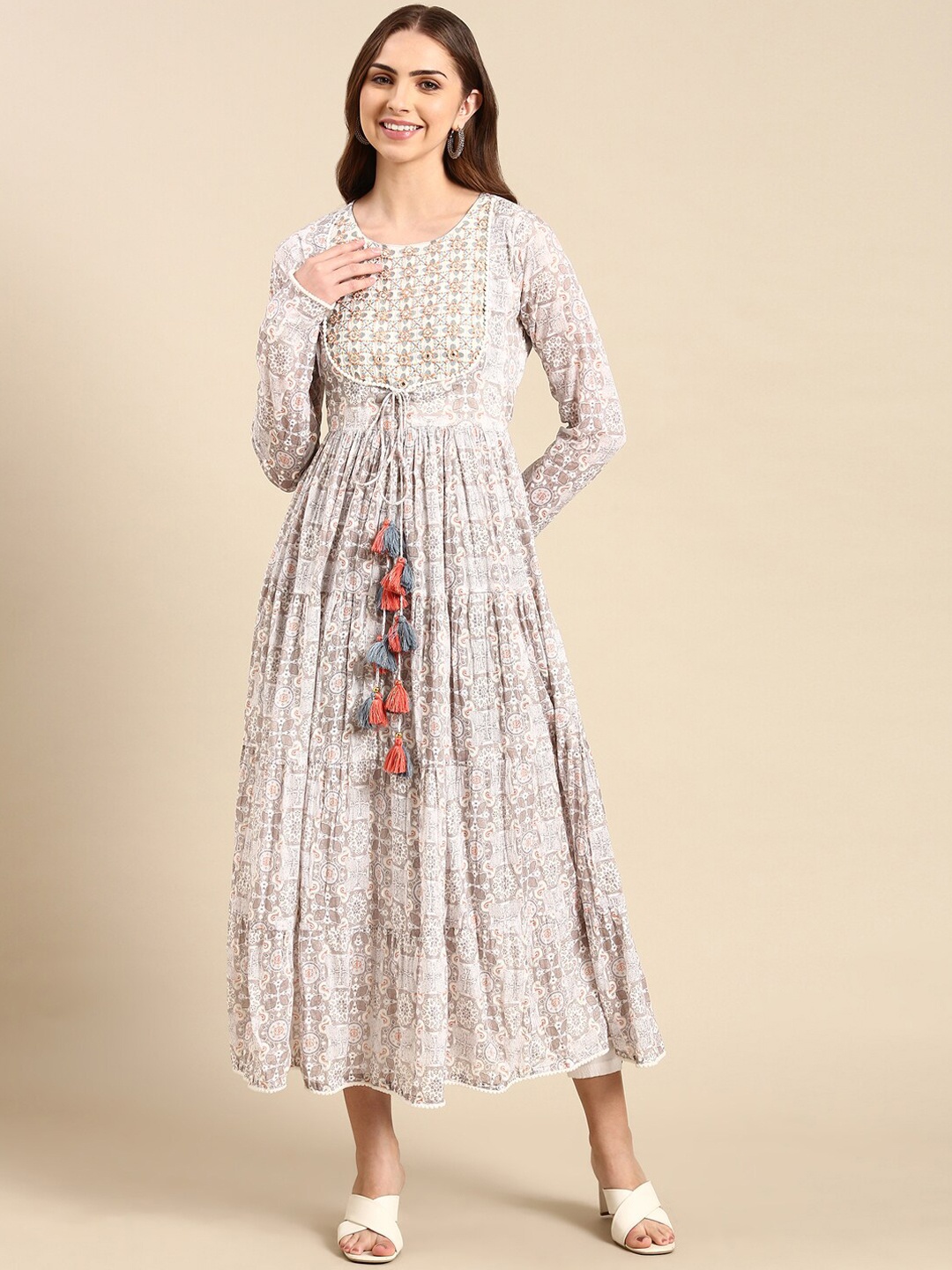 

SHOWOFF Floral Printed Beads & Stones Work Anarkali Kurta, Grey