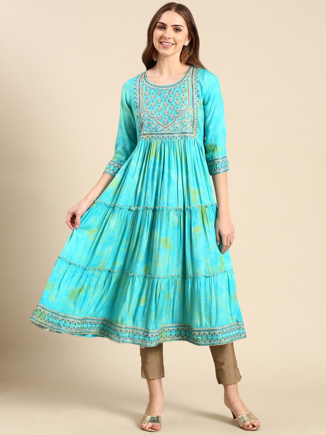 

SHOWOFF Floral Yoke Design Thread Work Tiered Anarkali Kurta, Turquoise blue