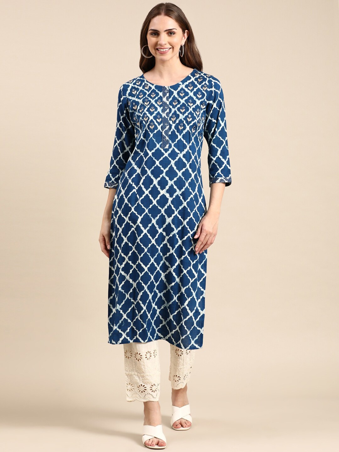 

SHOWOFF Checked Batik Printed Mirror Work Straight Cotton Kurta, Blue