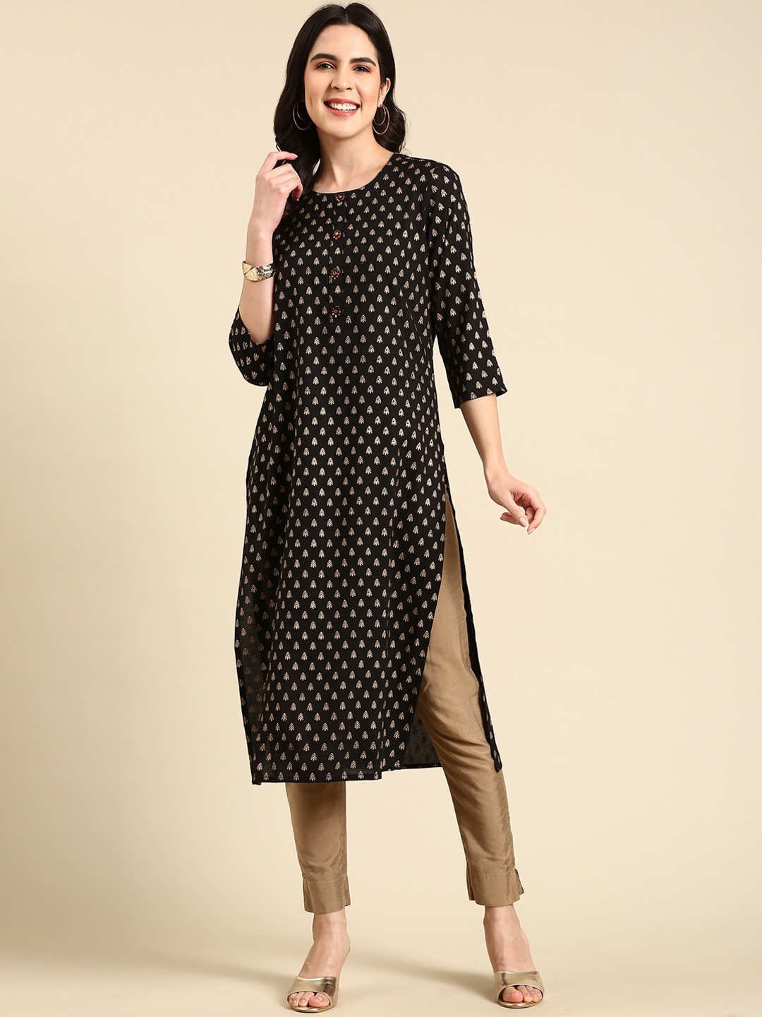 

SHOWOFF Ethnic Motifs Printed Round Neck Kurta, Black