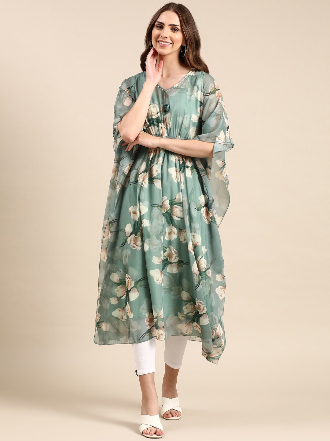 

SHOWOFF Floral Printed Extended Sleeves Kaftan Kurta, Green