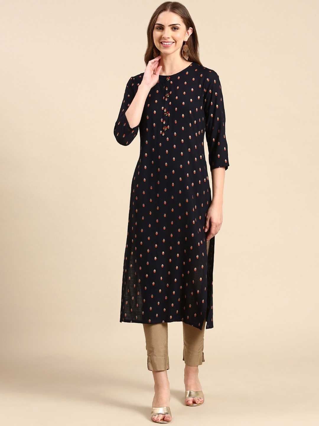 

SHOWOFF Geometric Embroidered Straight Kurta, Navy blue