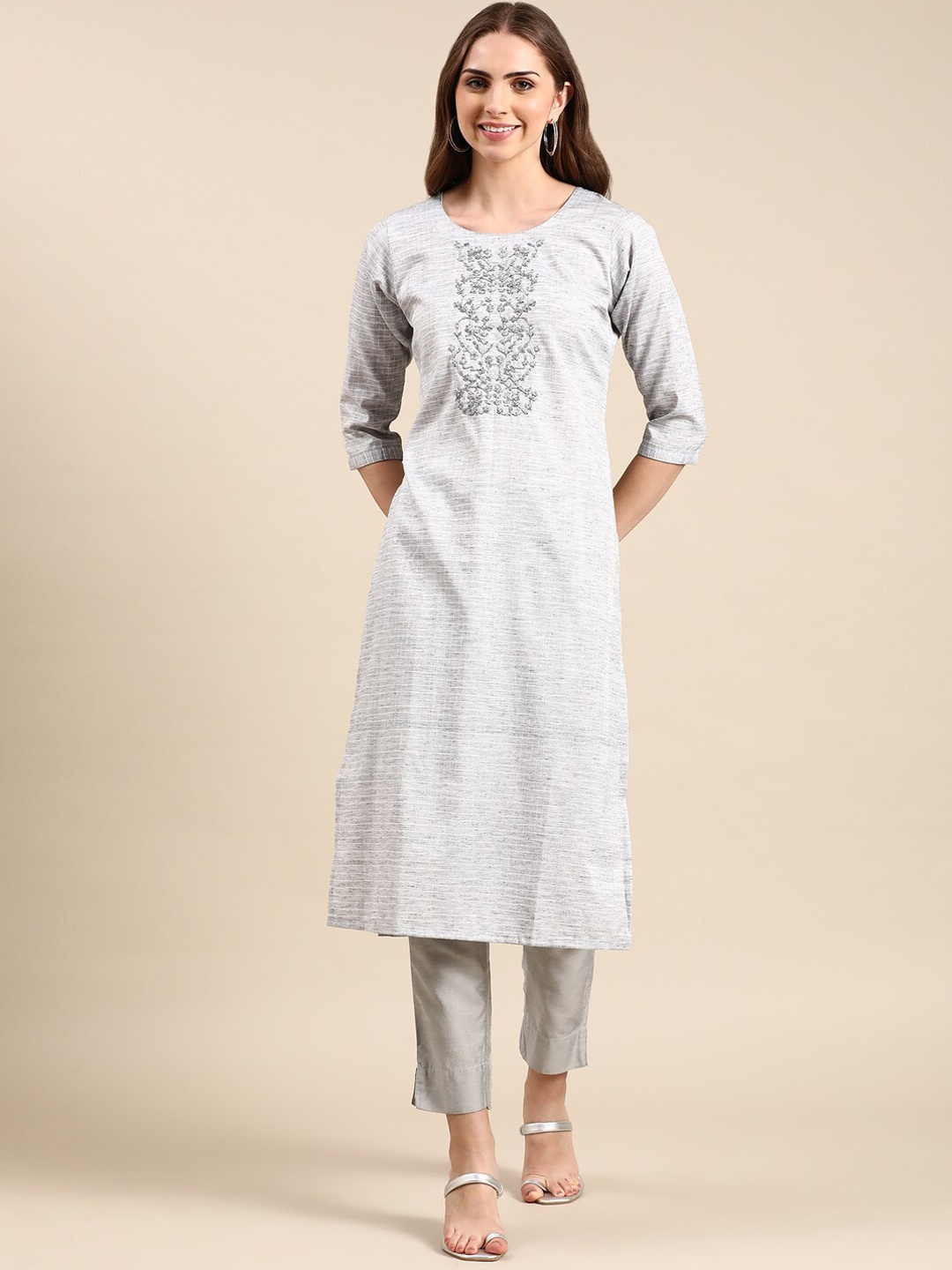 

SHOWOFF Checked Thread Work Straight Kurta, Grey