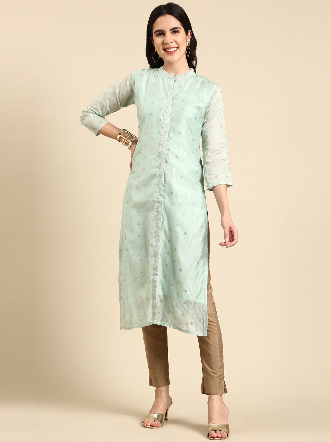 

SHOWOFF Geometric Woven Design Pastels Straight Kurta, Sea green