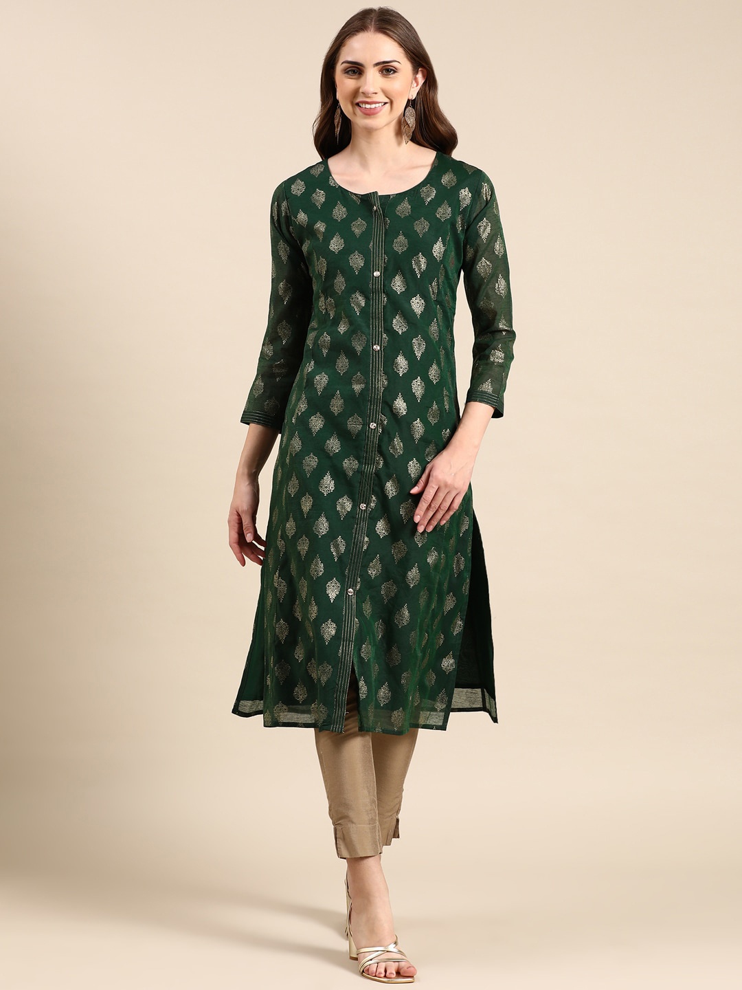 

SHOWOFF Ethnic Motifs Foil Printed Straight Kurta, Green