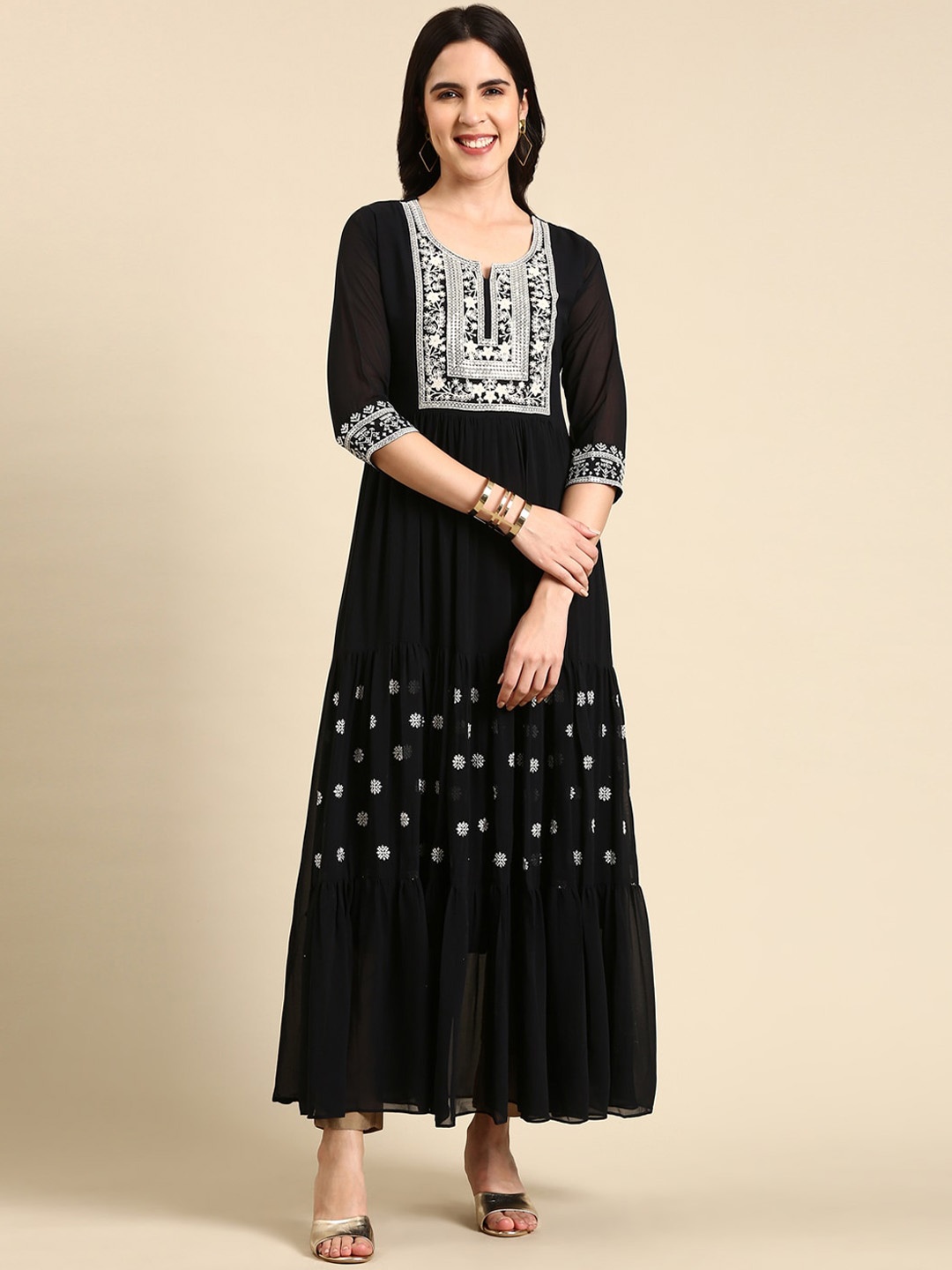 

SHOWOFF Tiered Floral Embroidered Sequined Anarkali Kurta, Navy blue