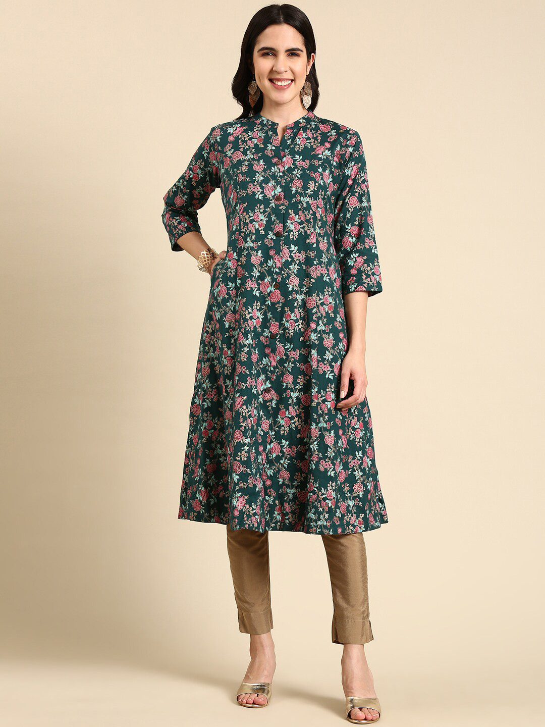 

SHOWOFF Floral Printed Panelled A-Line Kurta, Teal
